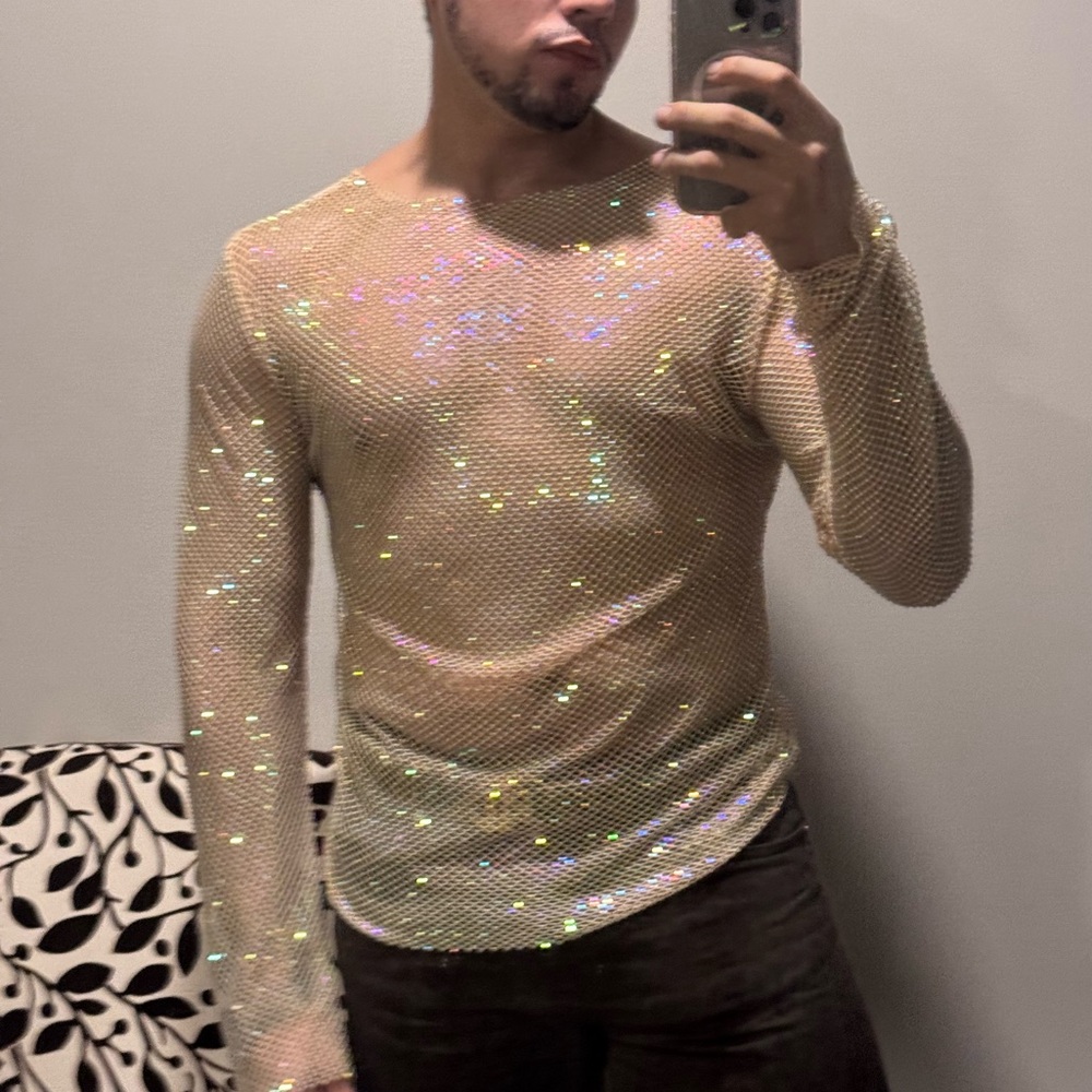 Rhinestone mesh long sleeve top
